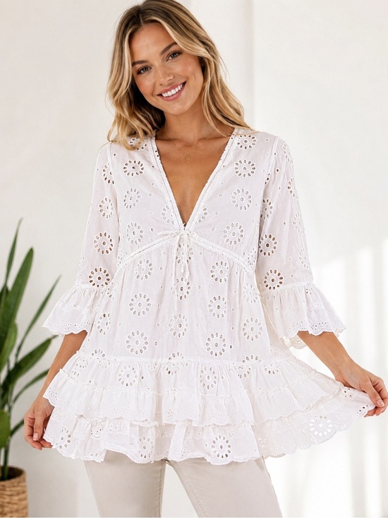 J. Crew Other - J.Crew White Eyelet Embroidered Boho Peplum Tunic Top XS